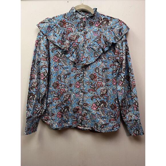 LOFT Top Womens Small Blue Paisley Floral Button-Down Smocked Blouse Prairie NEW - Picture 1 of 11